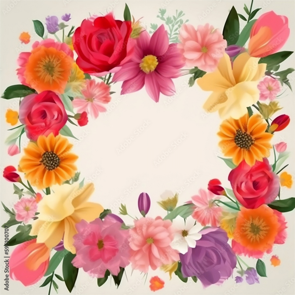 Spring Floral border frame, Colourful Flowers wallpaper for Mother's day, wedding, ceremony, card, Generative AI
