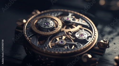 Gears and cogs in clockwork watch mechanism. Elegant detailed stainless steel and metal. AI generated illustration
