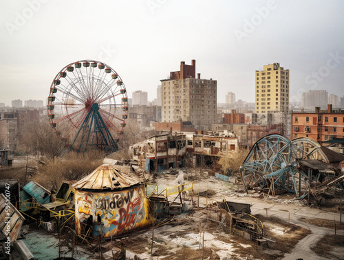 Abandoned amusement park in ruins - generative AI