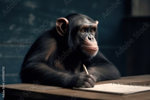 Chimpanzee In Class With Chalkboard And Copyspace Generative AI