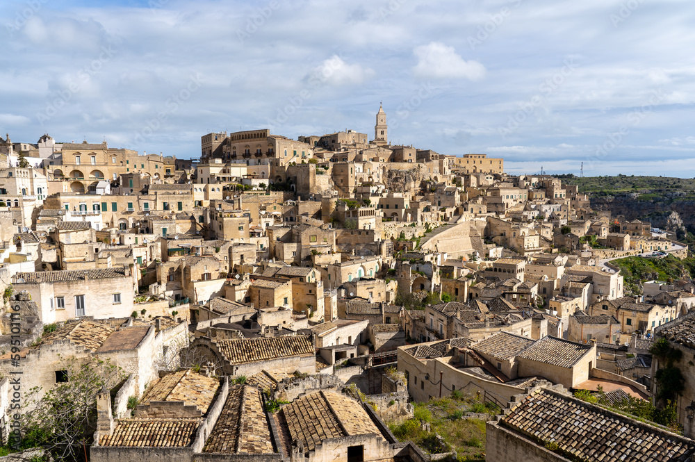 Matera, Italy. Amazing view of the Sassi of Matera. Landscape of the historical part of the town. An Unesco World Heritage Site. Touristic destination
