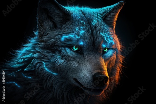 Neon Blue Wolf Generative AI