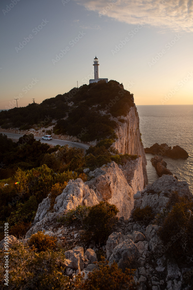 lefkada island lighthouse on the sunset