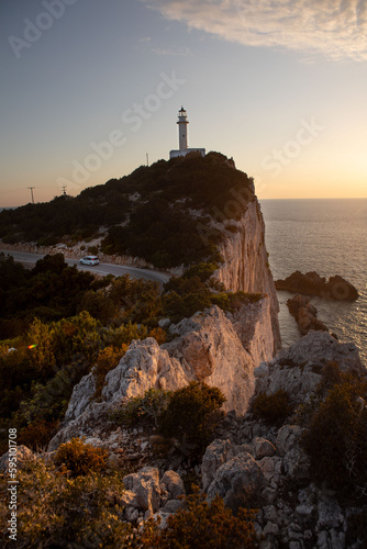lefkada island lighthouse on the sunset