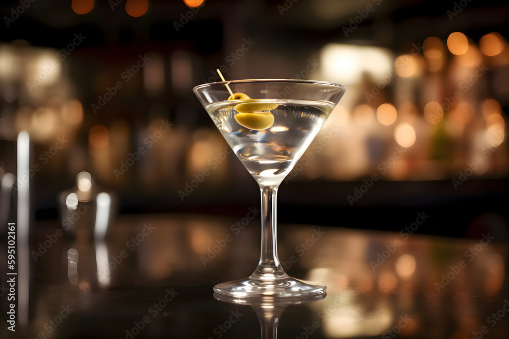 Martini with olive on the table in the bar, Generative AI Martini with olive on the table in the bar, Generative AI