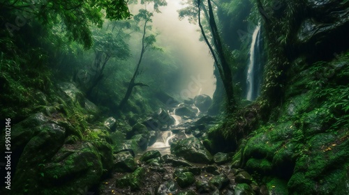 A moody photo of a forest creek with waterfall during foggy day, moisture in the air, climatic deep rain forest, created using Generative AI technology