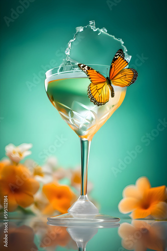 Tropical summer cocktail on a green background with butterflies and flowers, Generative AI 1