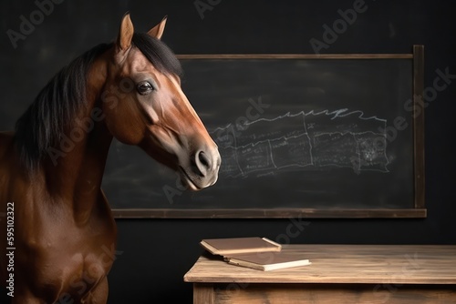 Horse In Classroom With Blackboard And Copy Space Generative AI