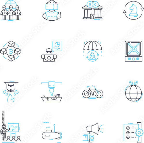 Transnational markets linear icons set. Globalization, Internationalization, Multinational, Cross-border, Export, Import, Multicultural line vector and concept signs. Diversity,Integration,Exports
