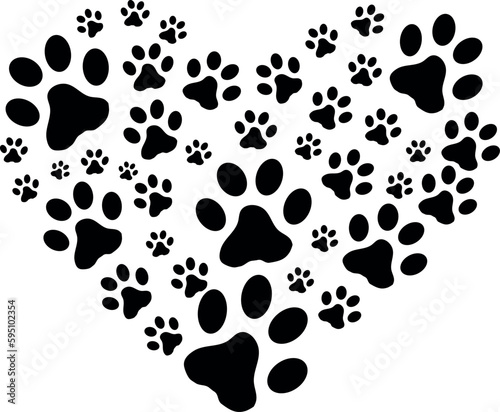Vector illustration of multiple dog paw prints in the form of a heart on a blank white background.