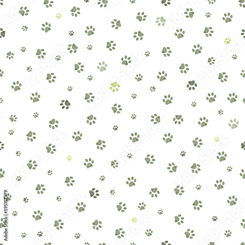Green small scale doodle paw prints. Seamless fabric design pattern
