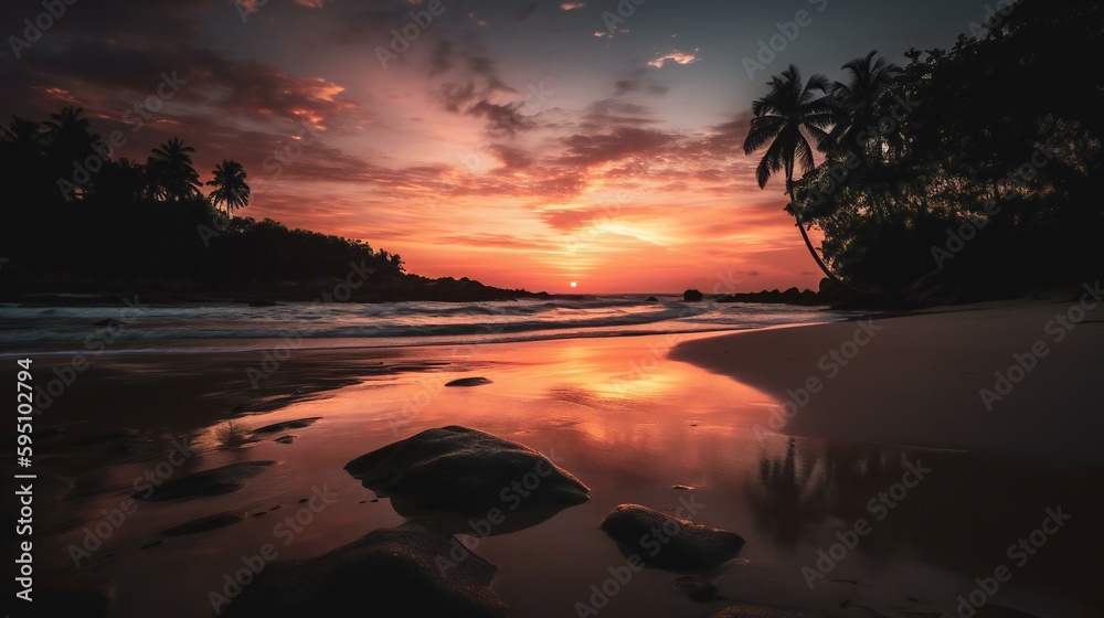 A beautiful beach landscape low angle photo taken during stunning sunset, golden hour sea shore with palm trees silhouettes, created using Generative AI technology