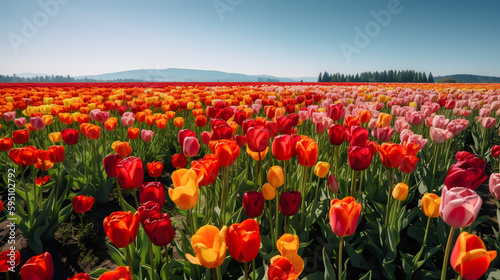 Colorful image of a field of tulips in full bloom  displaying the vibrant shades of red  yellow and pink flowers. Framed by a clear blue sky.