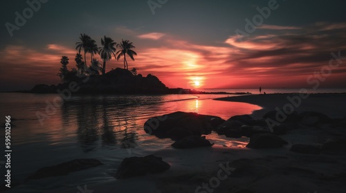 A beautiful beach landscape low angle photo taken during stunning sunset, golden hour sea shore with palm trees silhouettes, created using Generative AI technology