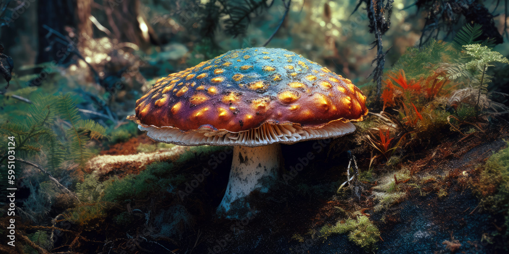 large mushroom in a forest with a psychedelic and fairy tale atmosphere, generative ai large mushroom in a forest with a psychedelic and fairy tale atmosphere, generative ai