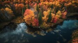 A top-down aerial photo of a forest landscape during the autumn season, colorful trees and a river running in the middle, created using Generative AI technology