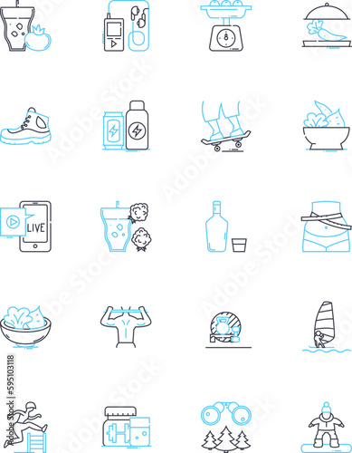 Food intake linear icons set. Nutrition, Diet, Metabolism, Portion, Calories, Digestion, Appetite line vector and concept signs. Malnutrition,Protein,Fiber outline illustrations