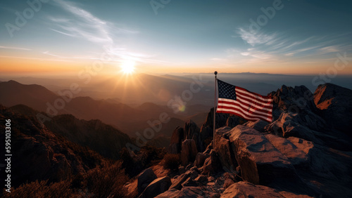 American flag proudly flying atop a mountain peak, independence day concept, generative ai