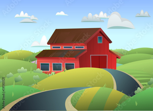 Rural farm red barn. With road through gardens and meadows. Large livestock shed. Farmer design for growing pets and animals. Cartoon fun style. Flat design. Vector