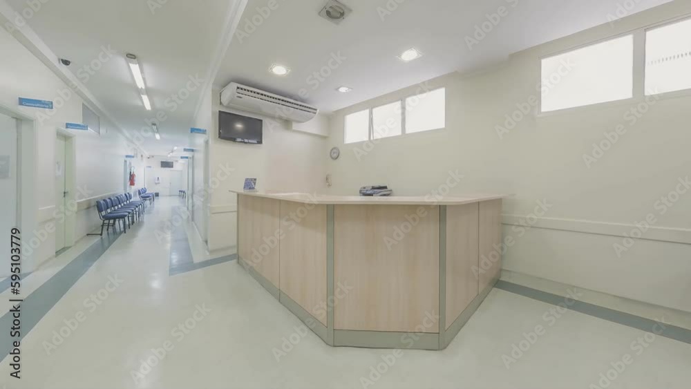 Empty waiting room. Hospital empty hall corridor with cabinets, clinic Reception