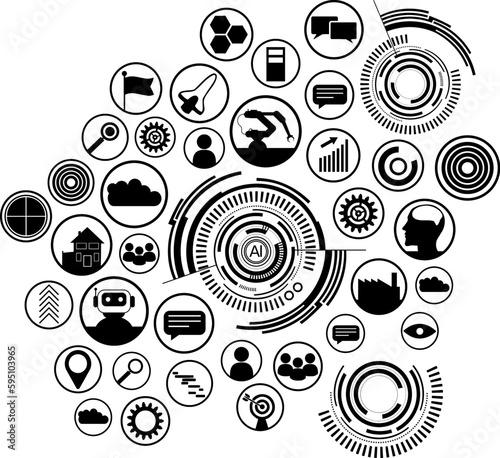 Icon Set: Globale Vernetzung mit digitalen Daten - Künstliche Intelligenz in der Gesellschaft und Industrie