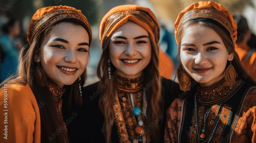 Smiling central asian young women looking at the camera. Generative AI Smiling central asian young women looking at the camera. Generative AI