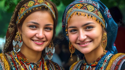 Smiling central asian young women looking at the camera. Generative AI
