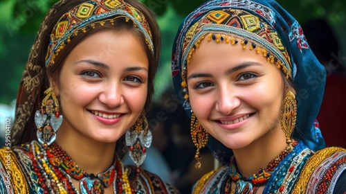 Smiling central asian young women looking at the camera. Generative AI photo