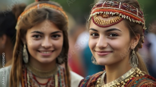 Smiling central asian young women looking at the camera. Generative AI photo