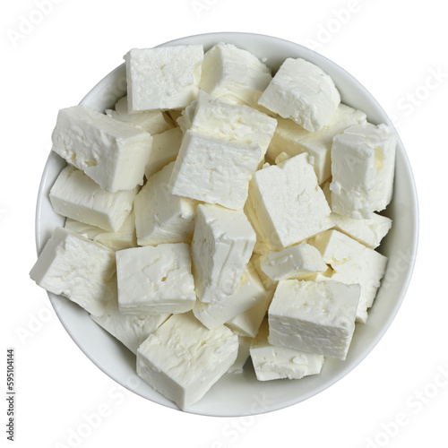 Tableau sur toile bowl of feta cheese cubes isolated, top view png