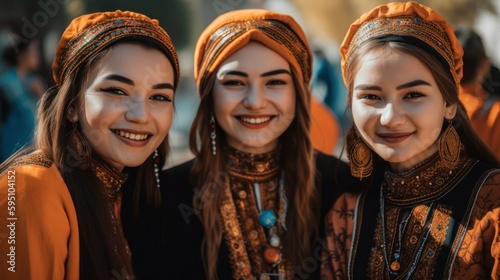 Smiling central asian young women looking at the camera. Generative AI
