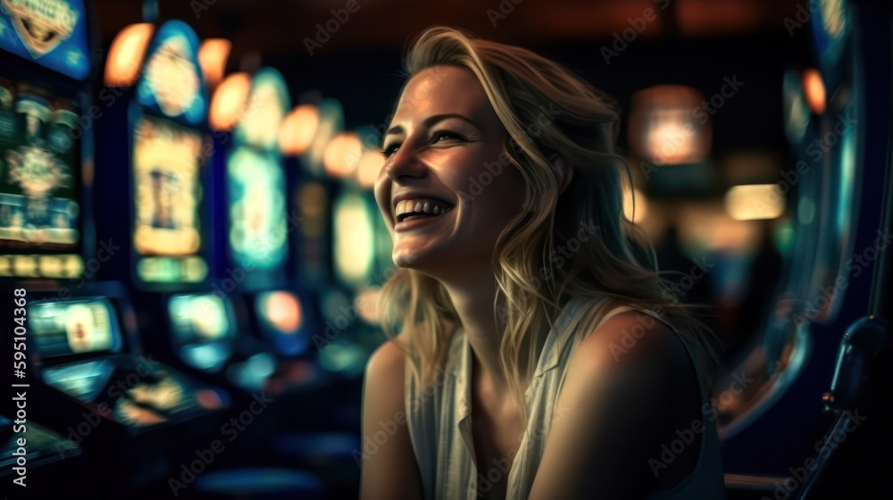 Happy young woman posing near slot machines in a casino. Generative AI Happy young woman posing near slot machines in a casino. Generative AI