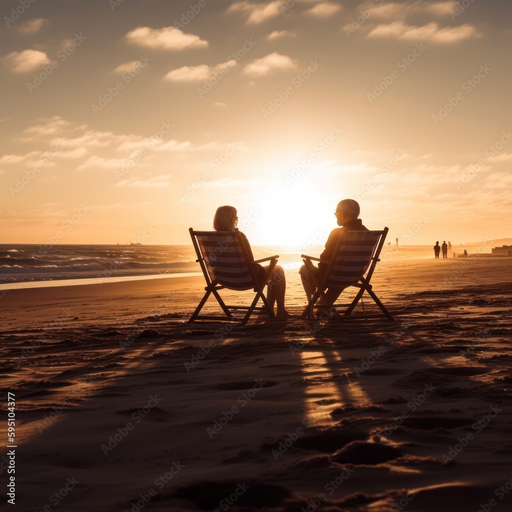 Senior couple sitting in chairs at the beach looking at the sunset from behind. Generative AI