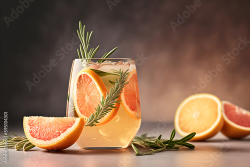Cool refreshing cocktail or mocktail with grapefruit, rosemary and lemon. Summer coolness. Generative AI photo