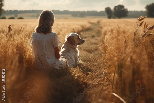 Woman and dog in a wheat field at sunset. Beautiful countryside girl with her pet. Ai generated © dragomirescu