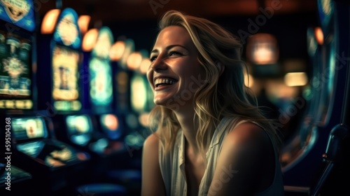 Happy young woman posing near slot machines in a casino. Generative AI © Adriana