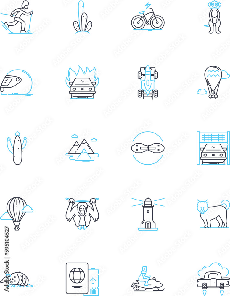 Eco-tourism linear icons set. Wilderness, Sustainability, Conservation, Adventure, Biodiversity, Nature, Wildlife line vector and concept signs. Outdoor,Green,Eco-friendly outline illustrations