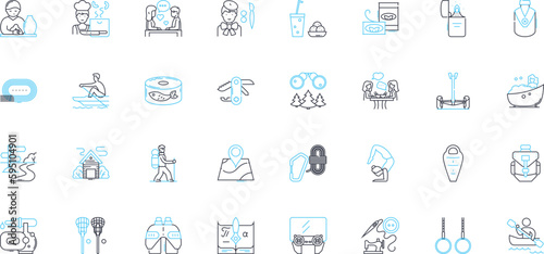 Amusement diversions linear icons set. Rollercoaster, Arcade, Ferris Wheel, Waterpark, Zip-line, Bumper cars, Mini golf line vector and concept signs. Haunted house,Mirror maze,Carousel outline
