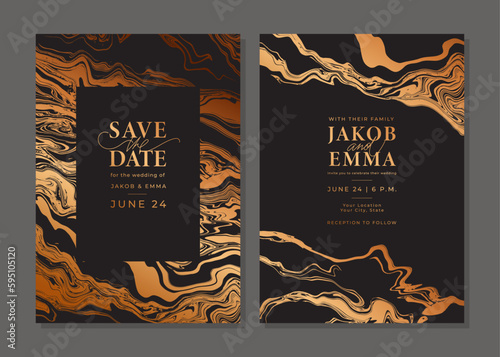 Set of luxury golden wedding invitation cards. Bronze template with marble texture. Gold liquid that flows. Save the date. Vector background. Layout design with shiny elements. Glittering fluid stains