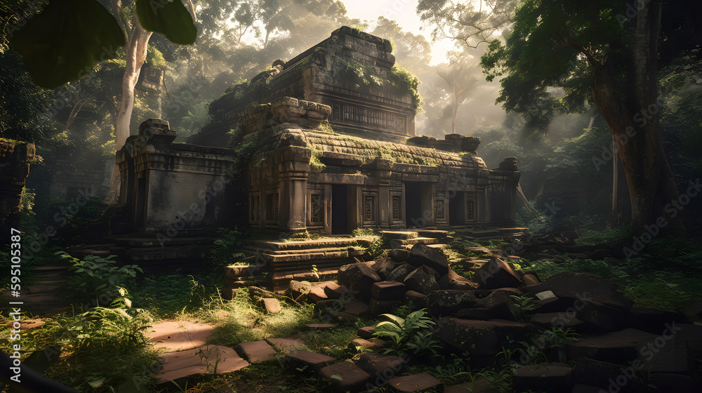 Majestic image of an ancient temple ruin, with weathered stone structures and intricate carvings, all framed by the surrounding lush jungle and bathed in the warm light of a golden hour