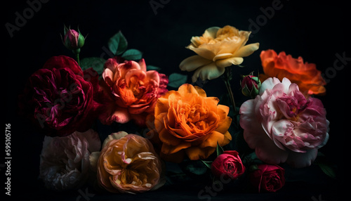 Multicolored garden rose flowers over black background, Generative AI