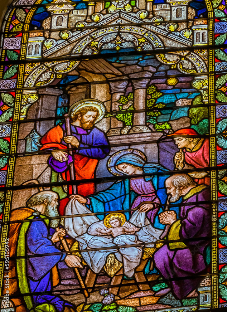 Joseph, Mary, and baby Jesus Nativity stained glass, Phoenix, Arizona. Founded 1881, rebuilt stained glass from 1915