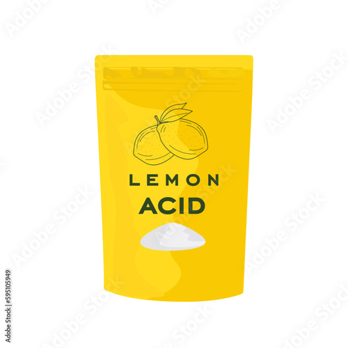 Lemon acid in bag. In cooking, citric acid is actively used in the preparation of drinks, juices and confectionery. Flat cartoon vector illustration isolated on white background