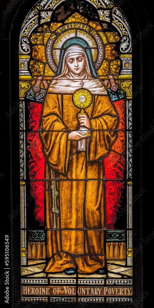 Saint Clare of Assisi stained glass, Phoenix, Arizona. Annunciation angel, follower of Saint Francis.