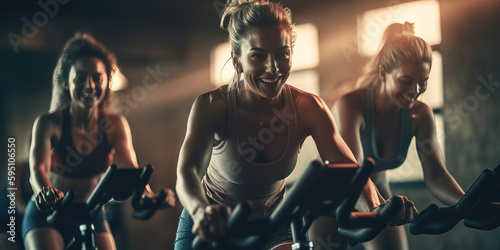 Happy Women in their spinning class - Generative AI