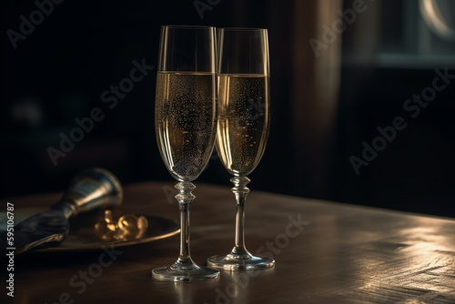 Two Champagne Glasses On Table. Generative AI