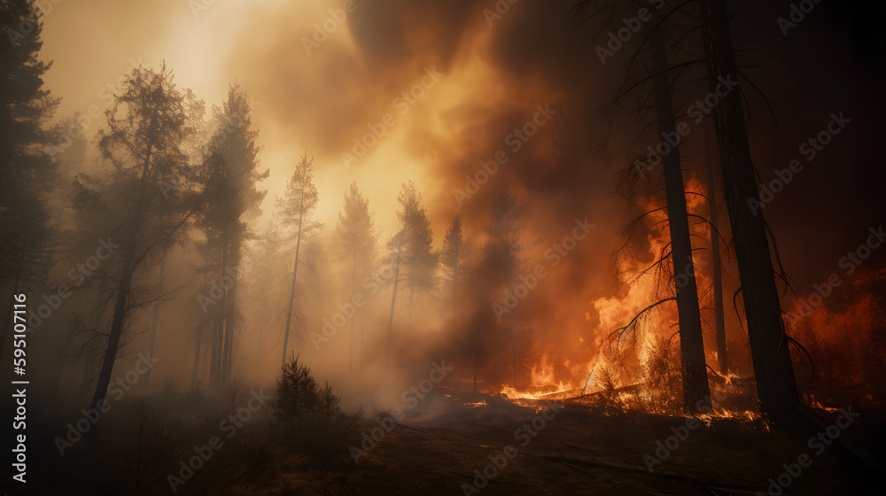 Dramatic image of a forest fire, capturing the intense flames and billowing smoke, while illustrating the raw power and destructive force of nature