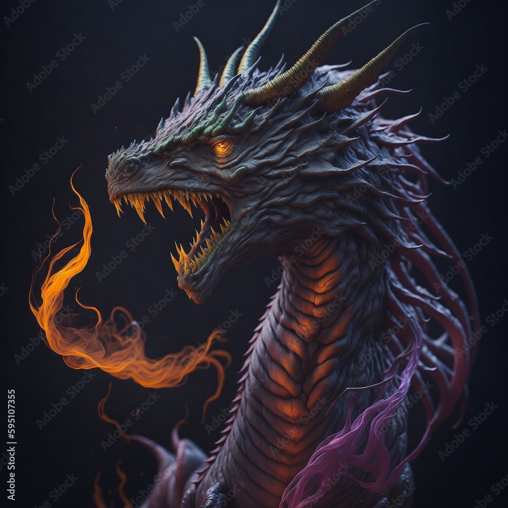 Fantasy dragon, colorful smoke, bright colors, 8k, diffused soft lighting, sharp focus, hyperrealism, created with Generative AI