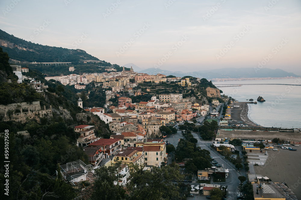 Obraz premium Sunset View of the town of Amalfi in Italy on the Mediterranean Sea