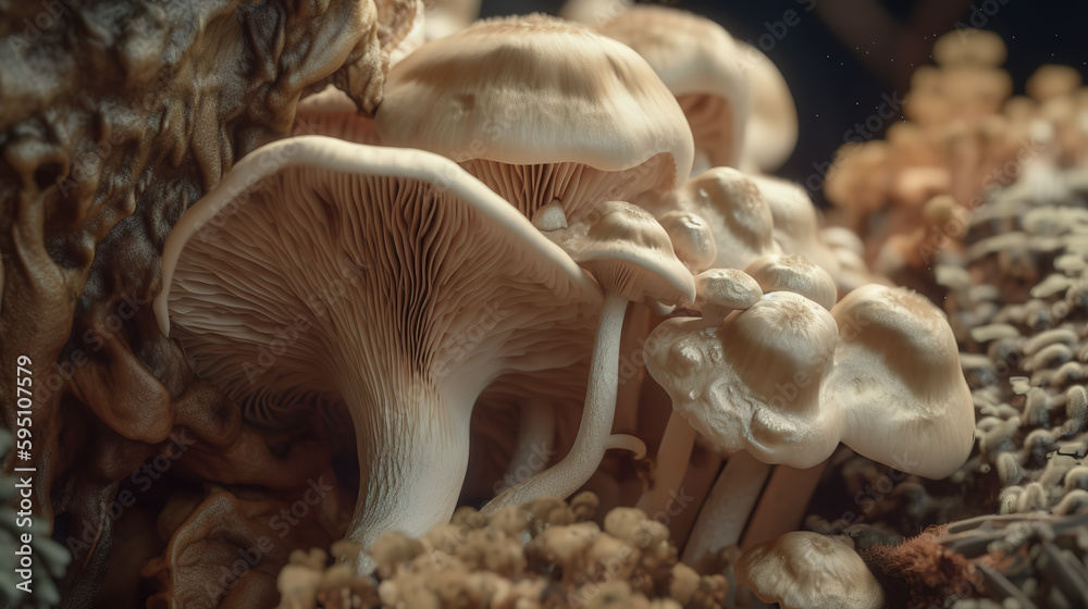 Close-up of fungi, toadstools in forest with mycelium, growing outdoors in a natural habitat. AI generative Close-up of fungi, toadstools in forest with mycelium, growing outdoors in a natural habitat. AI generative